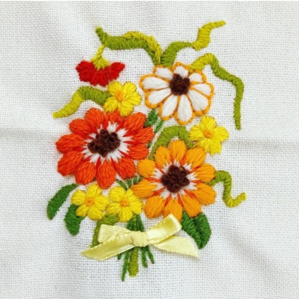 Fall Floral Crewel Embroidery Vintage Crewel Complete Orange Floral Embroidery